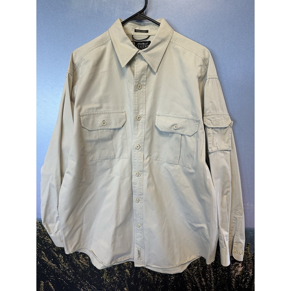 Eddie Bauer Legend Elkhorn Button Up Shirt Beige Tan Outdoors Safari Large